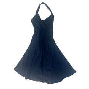 ATOS LOMBARDINI Navy Jersey Silk Bias Midi Slip Dress, Lambskin Leather Halter